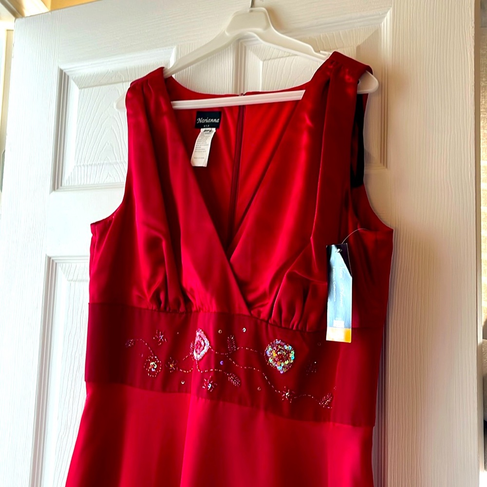 Brand new / never worn - red satin dress, v neck/sleeveless.  Embellished waist